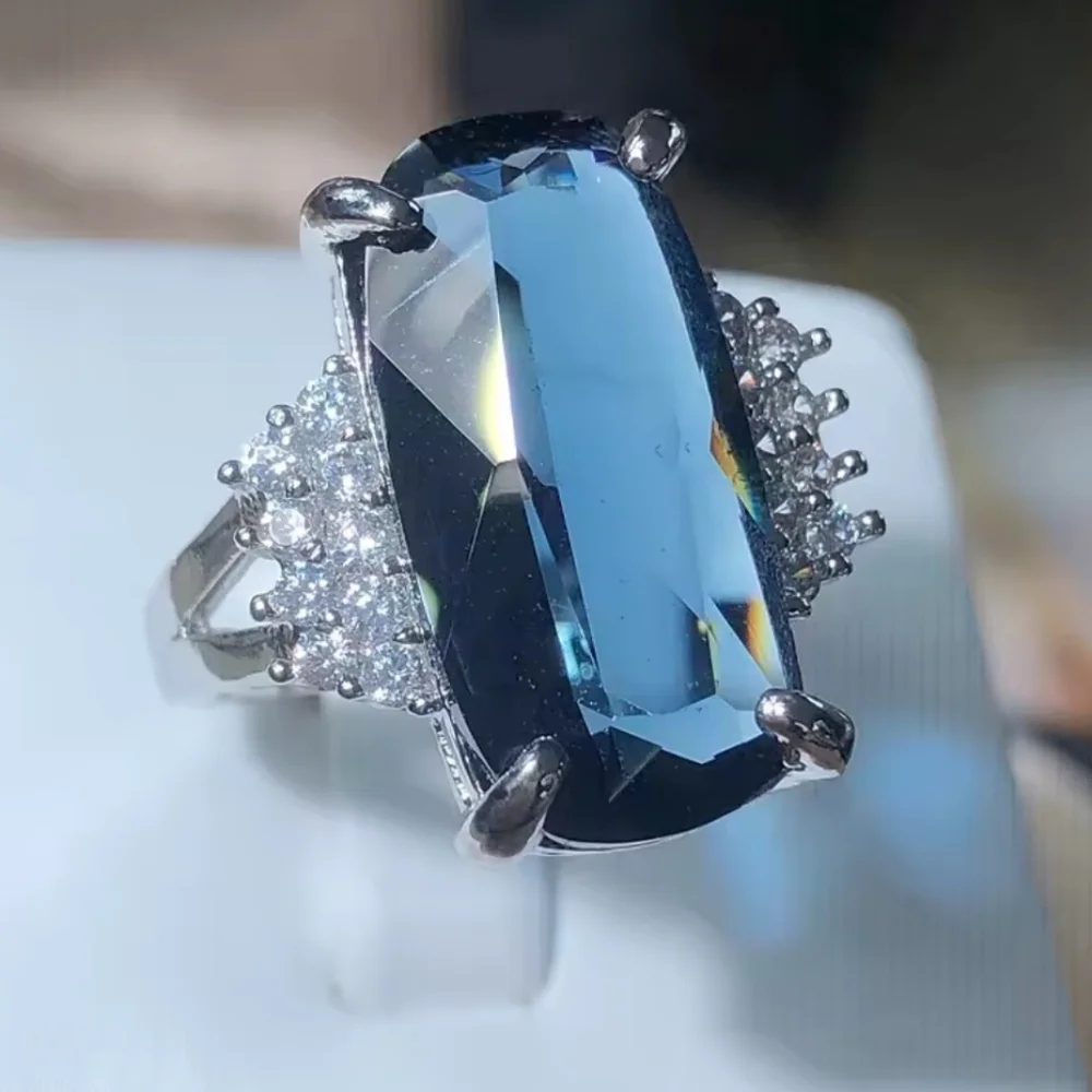 12 Ct 925 Silver Bridal Ring with Deep Blue Lab-created Sapphire Stone Sz 10